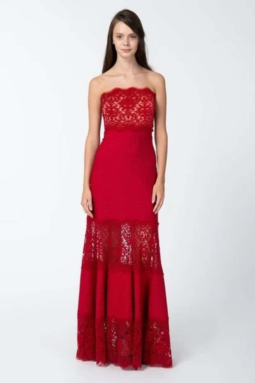 Tadashi Shoji Red Pintuck Jersey and Lace Strapless Cocktail Gown Size Small